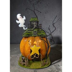 Kohl’s Halloween Metal Pumpkin Haunted House Tealight Holder Cat Bat Ghost 10”